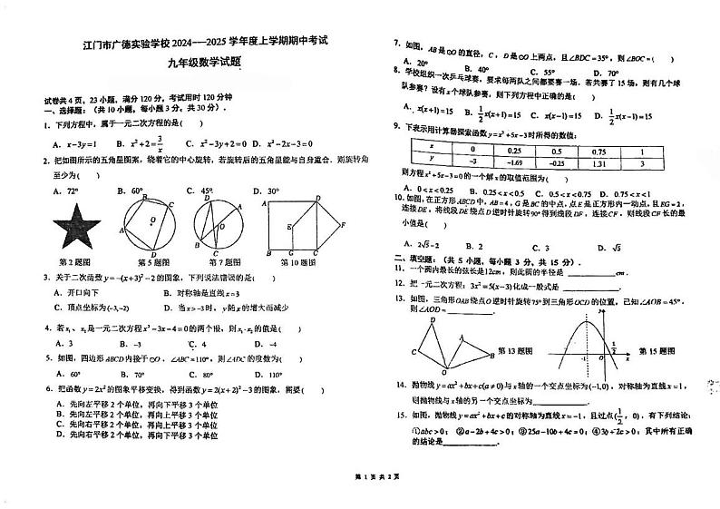 广东省江门市广德实验学校2024-2025学年九年级上学期期中考试数学试题第1页
