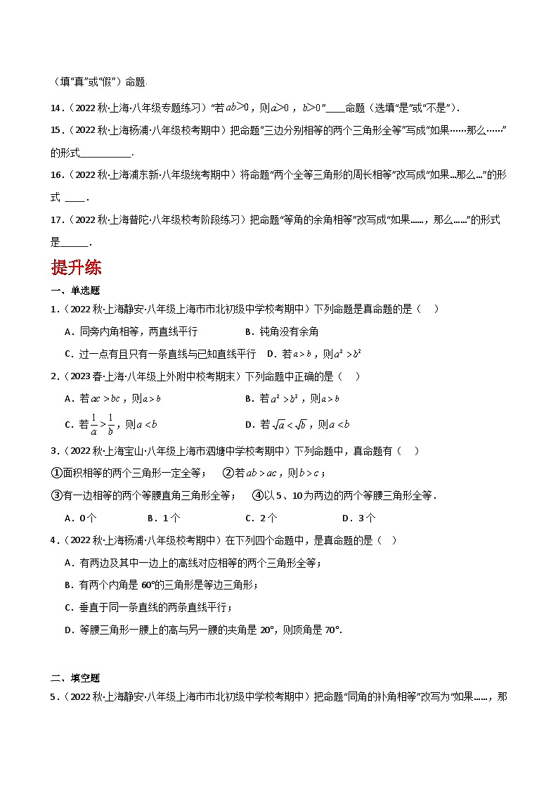 沪教版（五四制）数学八年级上册19.1 《命题和证明》基础提升分层练习（原卷版）第3页