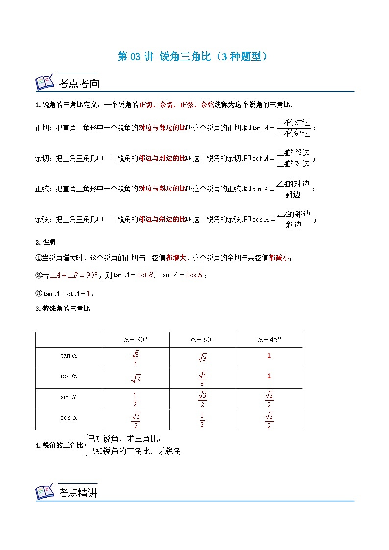 沪教版数学九年级上册考点讲练第03讲 锐角三角比（3种题型）（原卷版）第1页