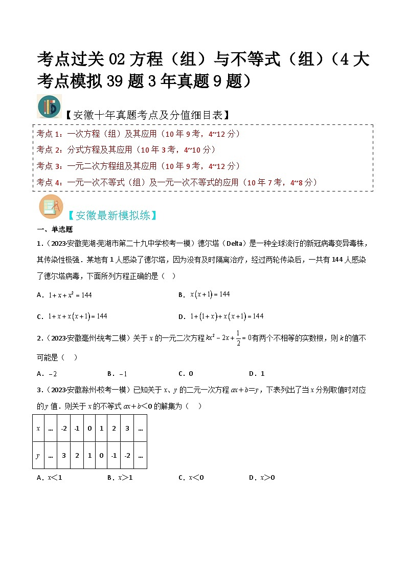 （安徽专用）中考数学三轮冲刺考点过关02方程（组）与不等式（组）（原卷版）第1页