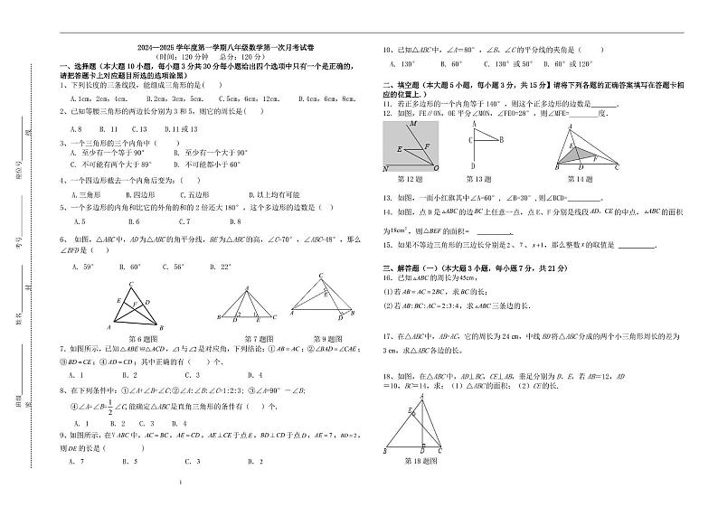 广东省惠州市惠阳区某校2024-2025学年八年级上学期第一次月考数学试题第1页