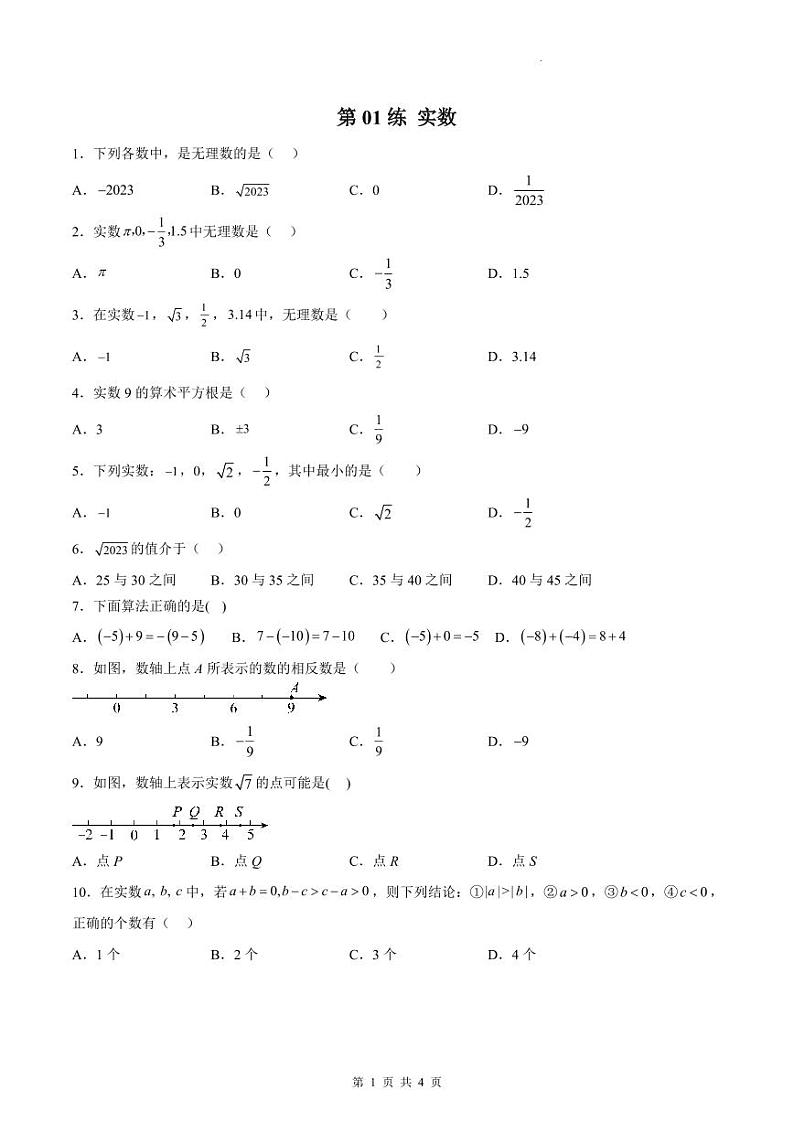 （寒假）2025年中考数学一轮复习巩固练习+随堂检测 第01练 实数（原卷版）第1页