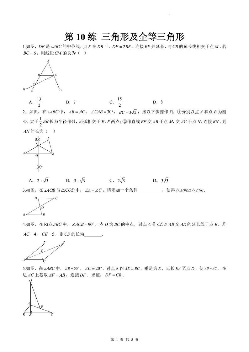 （寒假）2025年中考数学一轮复习巩固练习+随堂检测 第10练  三角形及全等三角形（原卷版）第1页