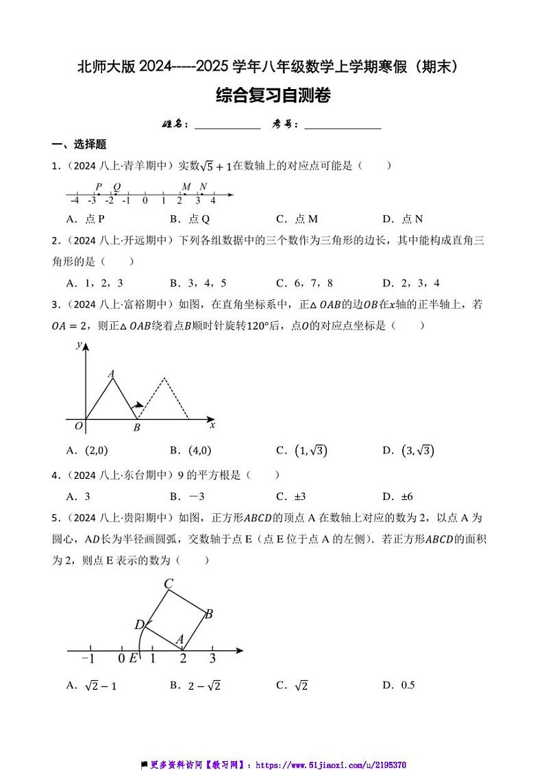2024～2025学年北师大版八年级(上)数学寒假(期末)综合复习自测卷试卷(附答案)第1页