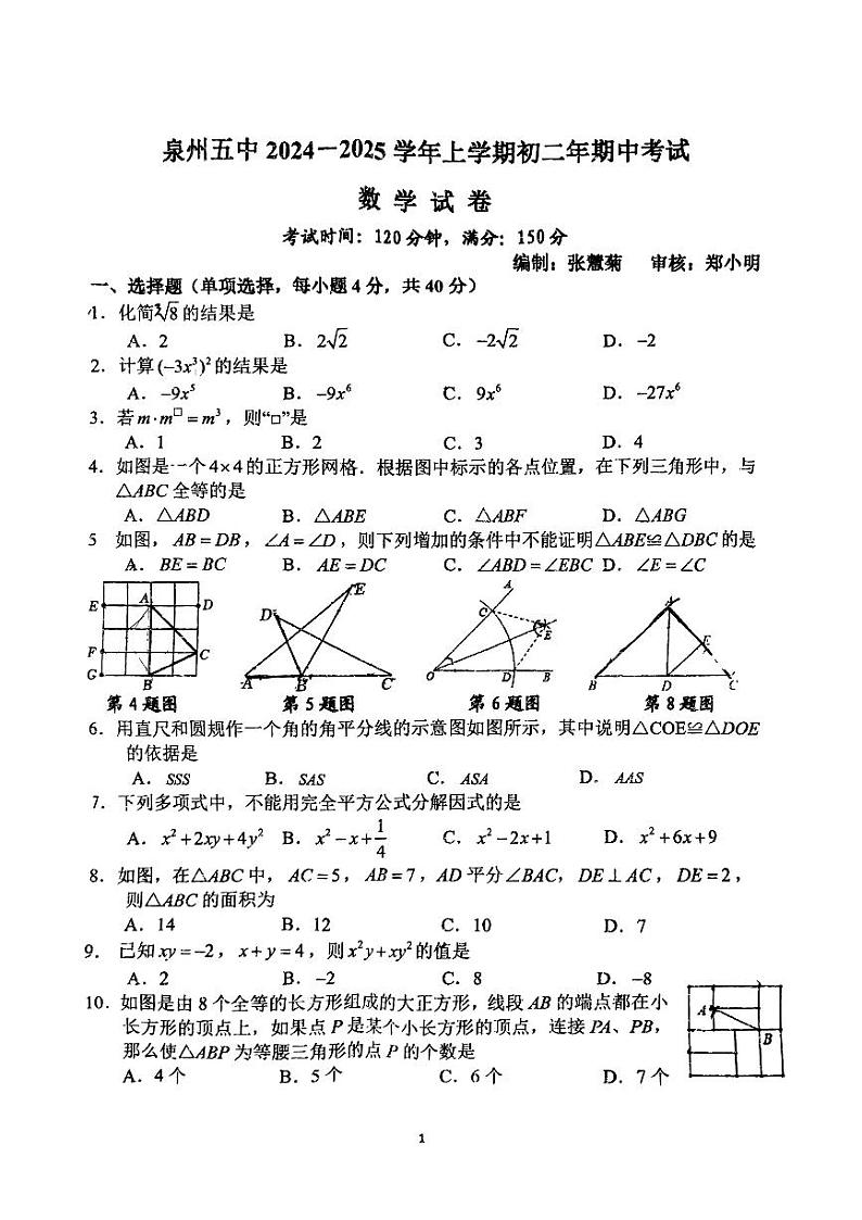 福建省泉州第五中学2024-2025学年八年级上学期11月期中考试数学试题第1页