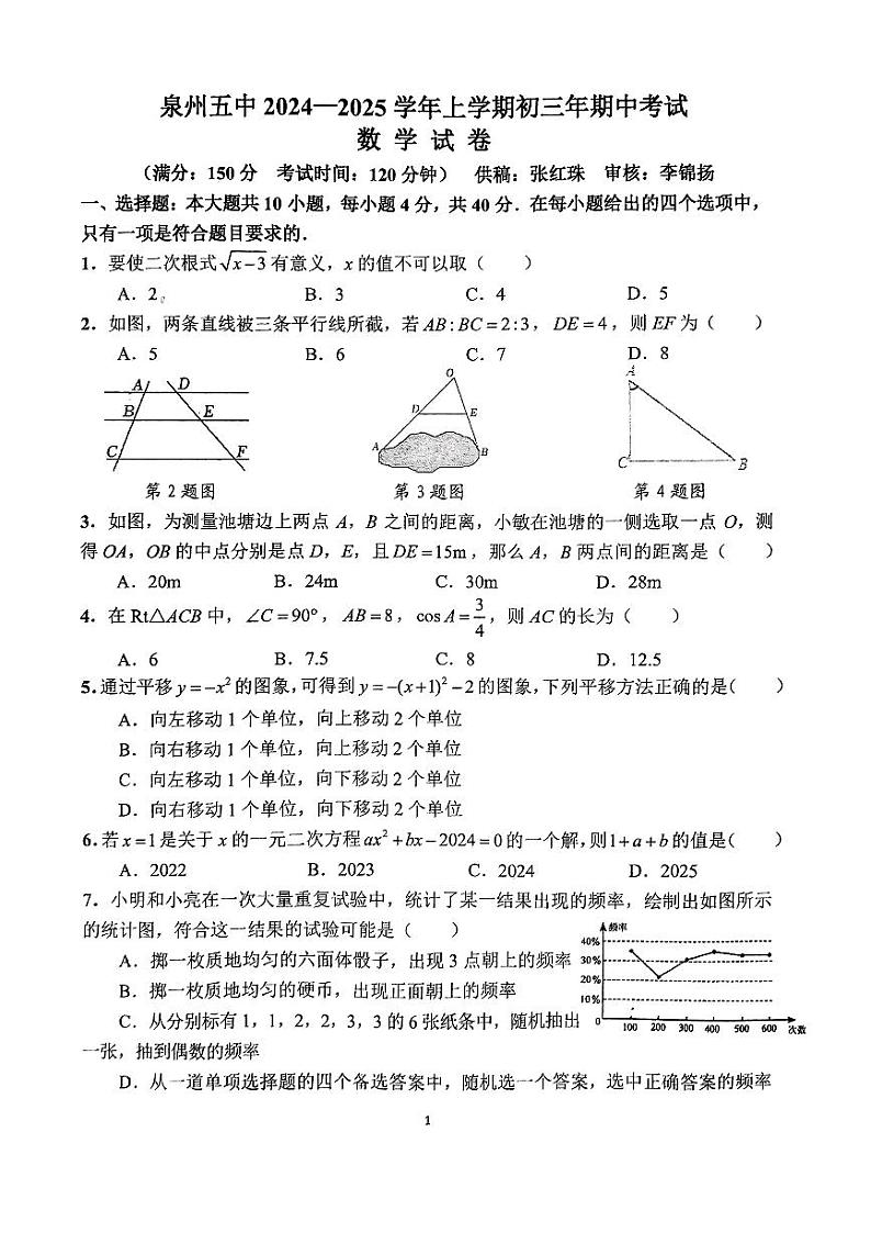 福建省泉州第五中学2024-2025学年九年级上学期11月期中考试数学试题第1页
