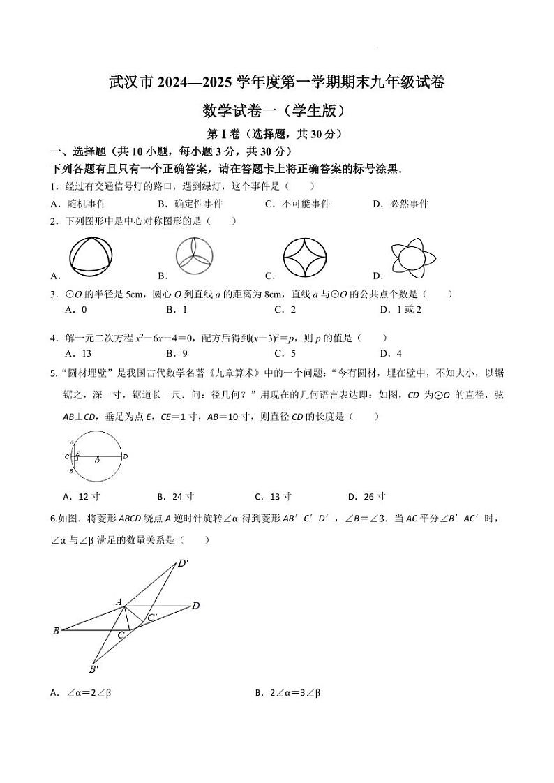 武汉市2024—2025学年度第一学期期末九年级试卷（学生版）第1页