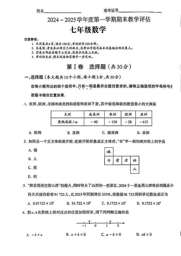 山西省长治市潞城区2024-2025学年第一学期期末测试七年级数学试卷 七年级数学试卷第1页