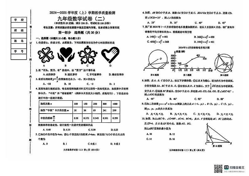 辽宁省抚顺市新抚区2024-2025学年上学期九年级 期末数学试题第1页