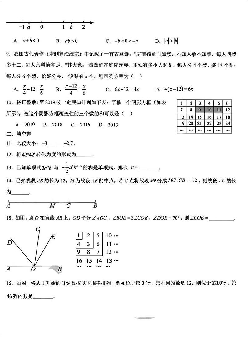 湖北省武汉市武汉大学附属外语学校2024-2025学年七年级上学期12月月考数学试题第2页