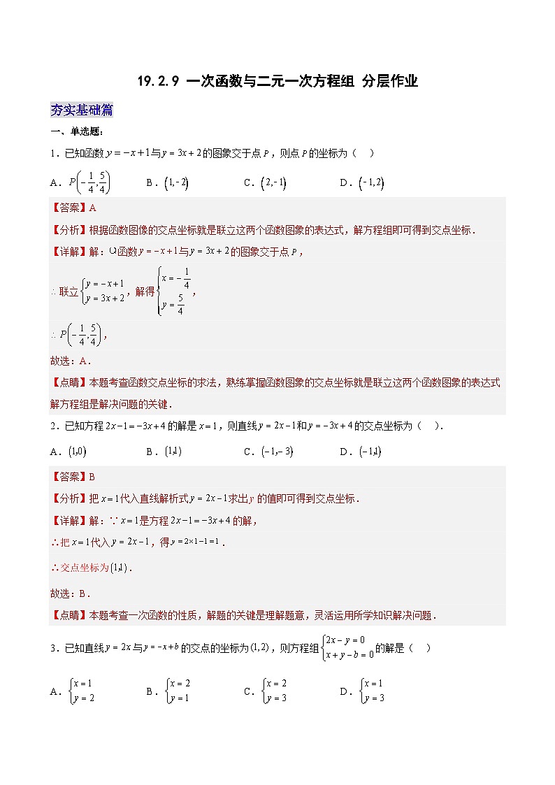 19.2.9 一次函数与二元一次方程组（分层作业）【解析版】第1页