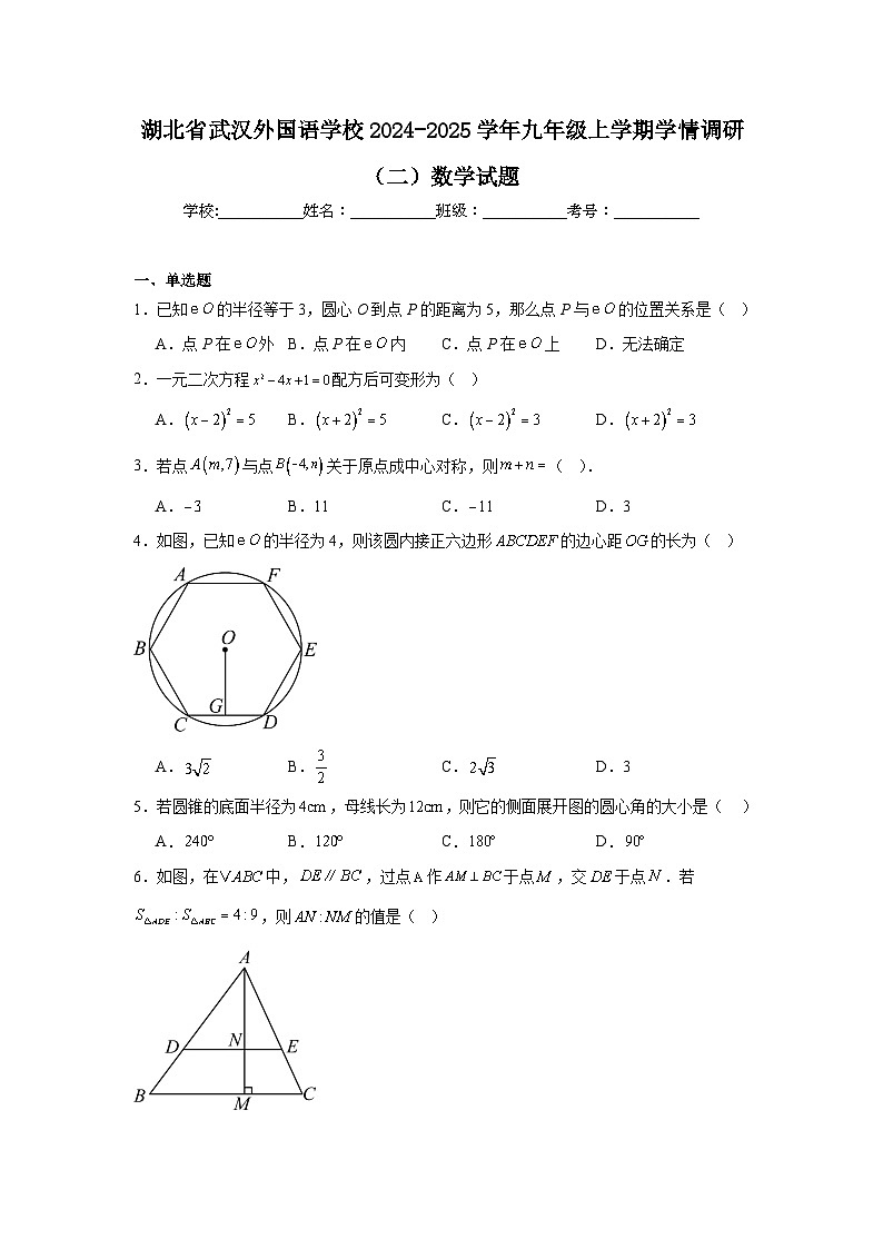 湖北省武汉外国语学校2024-2025学年九年级上学期学情调研（二）数学试题第1页