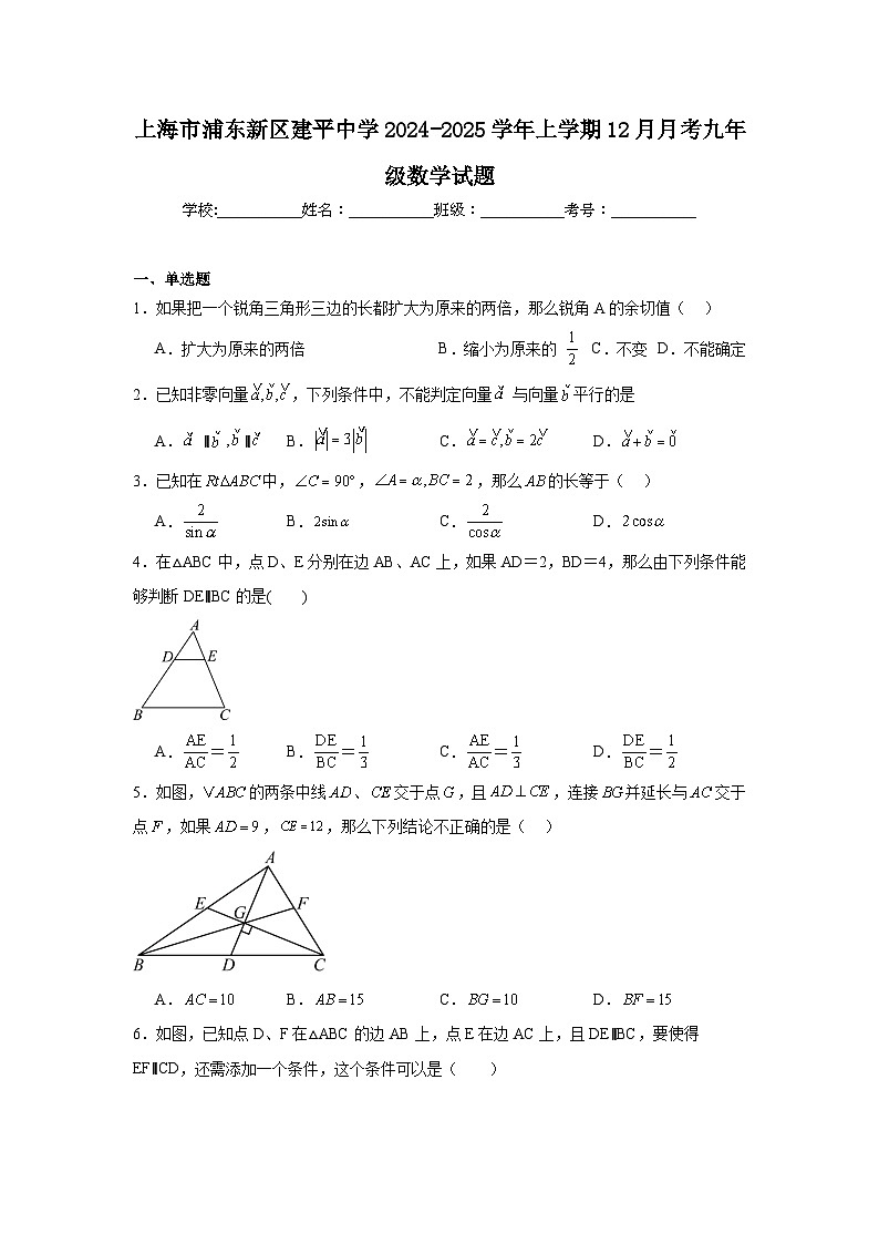 上海市浦东新区建平中学2024-2025学年上学期12月月考九年级数学试题第1页
