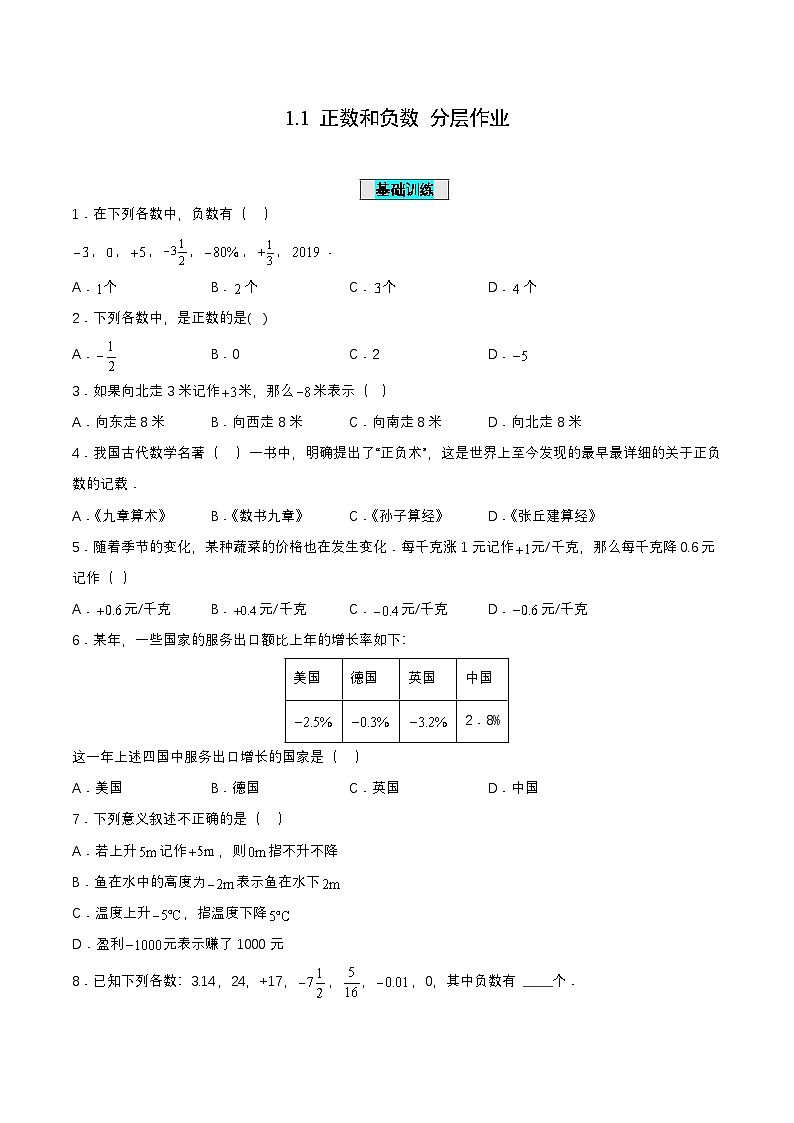 人教版数学七上同步课时分层练习1.1 正数和负数【原卷版】第1页