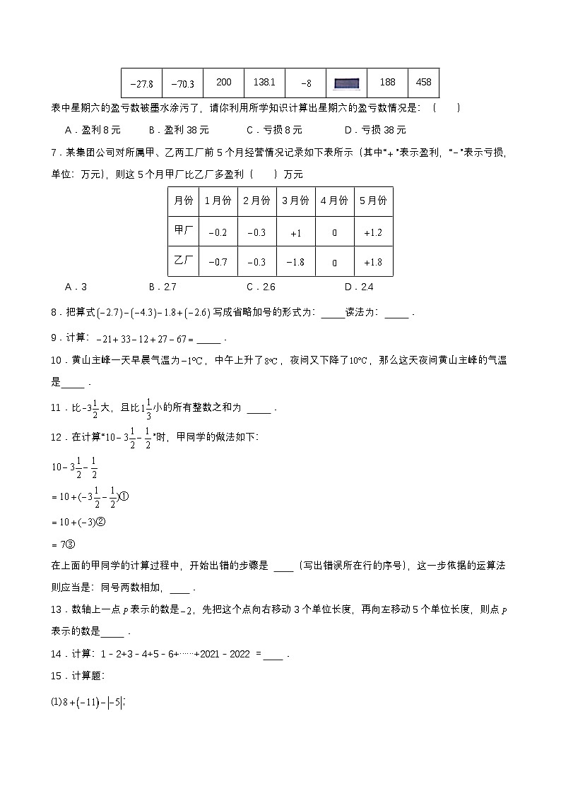 人教版数学七上同步课时分层练习1.3.2 有理数的减法（第二课时）【原卷版】第2页