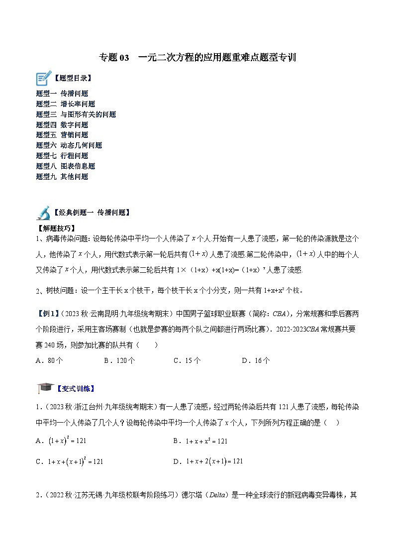 人教版数学九年级上册期中复习专题03 一元二次方程的应用题重难点题型专训（原卷版）第1页