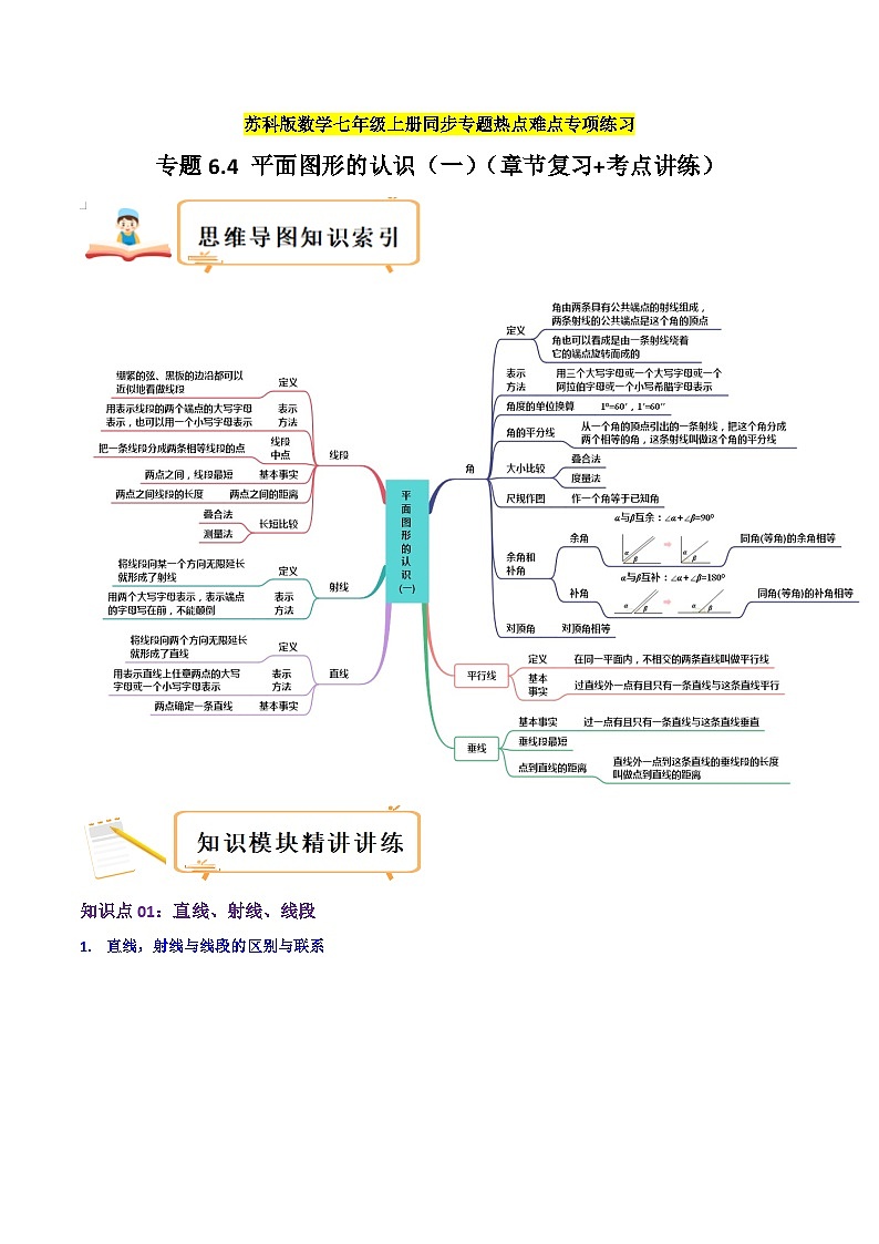 苏科版数学七年级上册期末复习专题6.4 平面图形的认识（一）（章节复习+考点讲练）学生版第1页