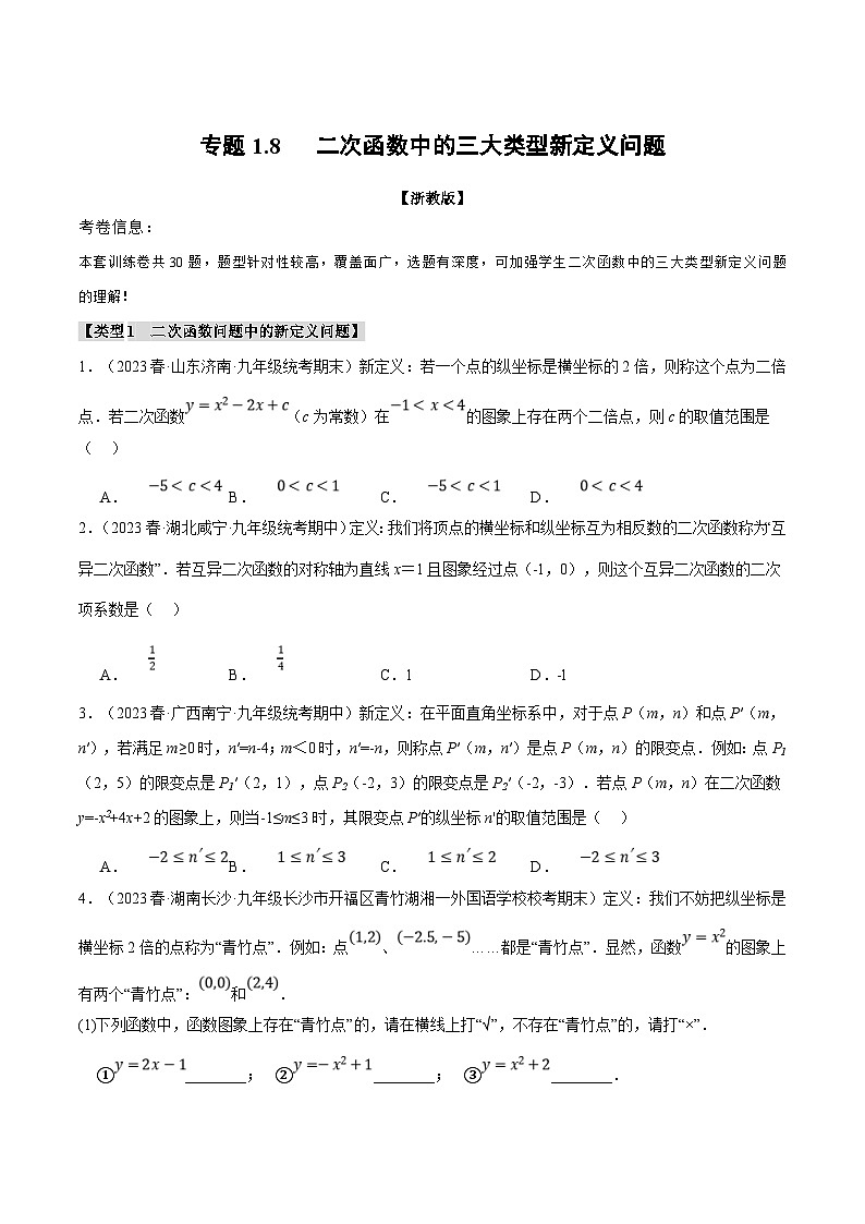 浙教版数学九年级上册同步考点练习专题1.8 二次函数中的三大类型新定义问题（原卷版）第1页