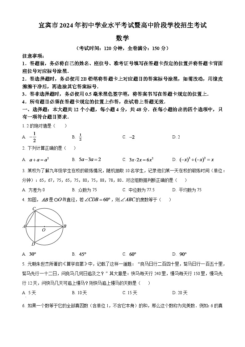 2024年四川省宜宾市中考数学试题（原卷版）第1页