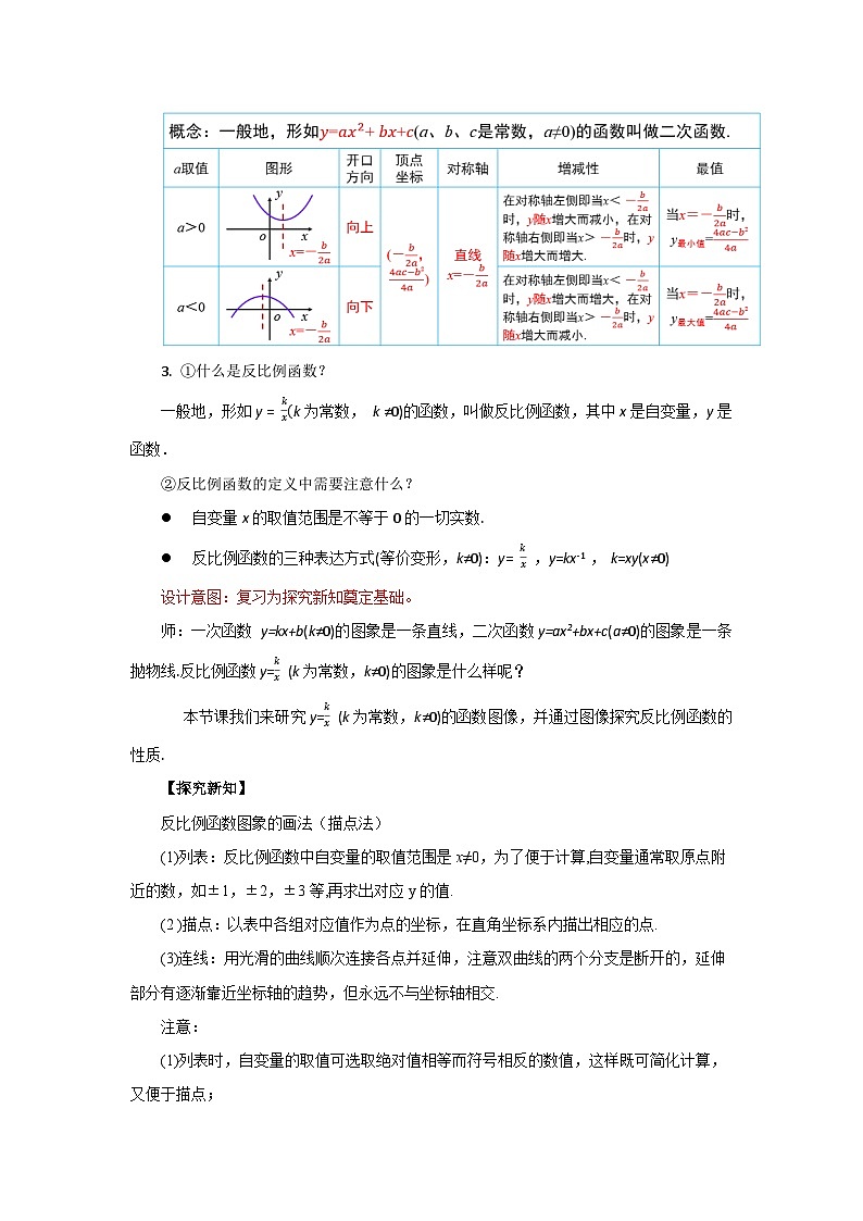 人教版九年级下册数学  26.1.2.1反比例函数的图像和性质（第一课时）  教案第2页