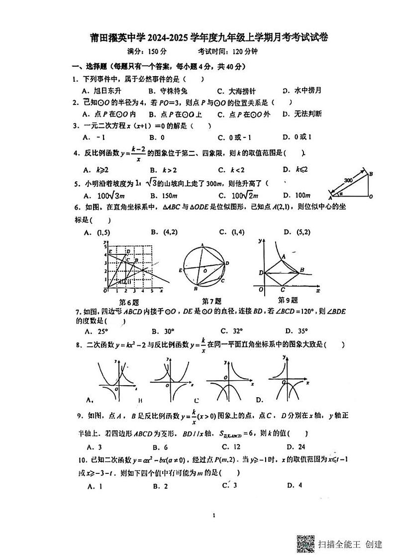 福建省莆田市城厢区莆田擢英中学2024-2025学年九年级上学期12月月考数学试题第1页