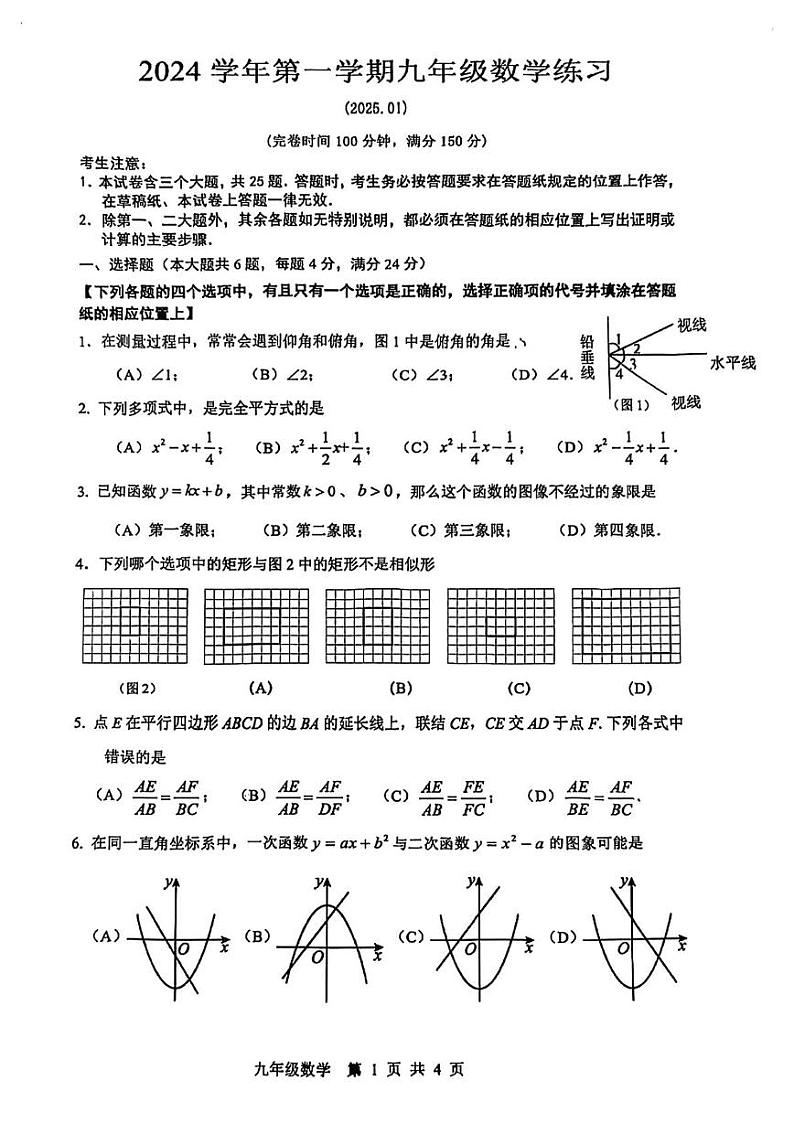 2025年上海市奉贤区九年级中考一模数学试卷第1页