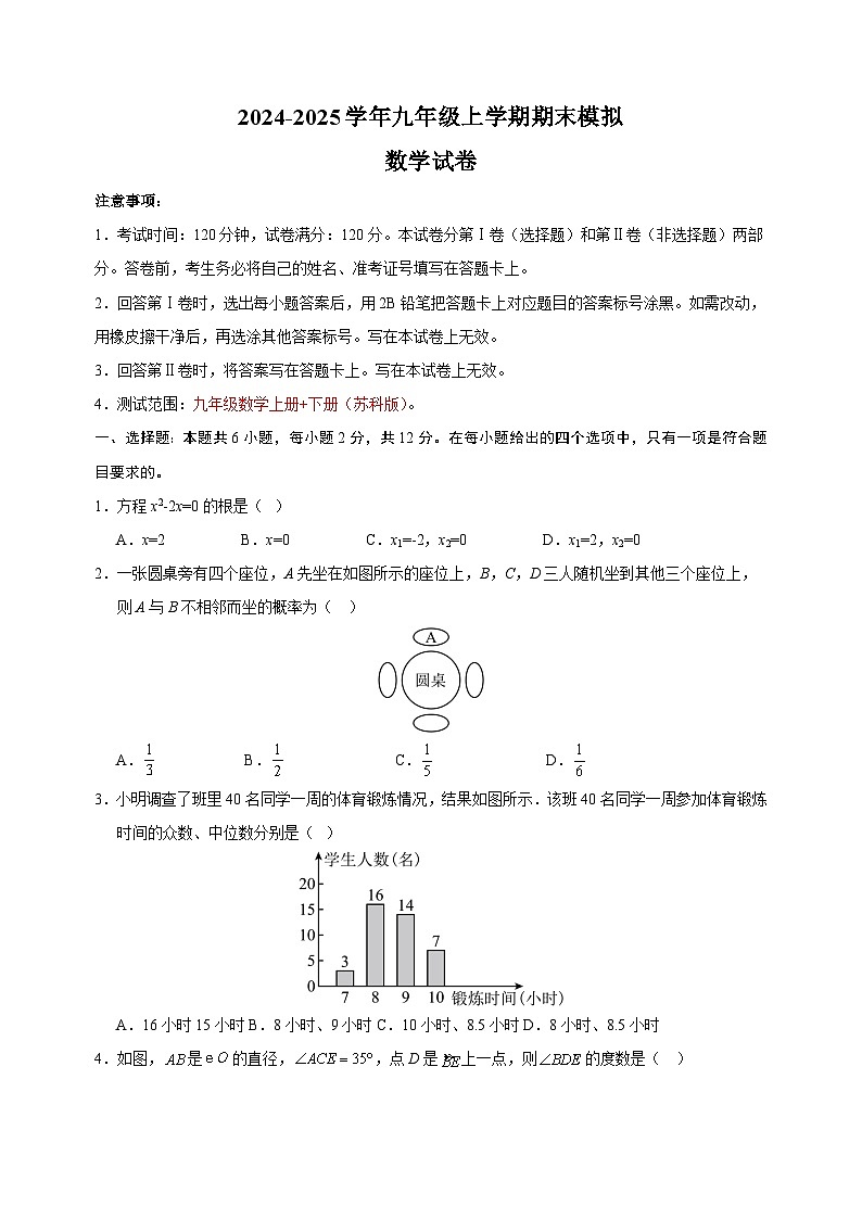 2024-2025学年九年级上学期数学期末模拟试卷（苏科版+含答案解析）第1页