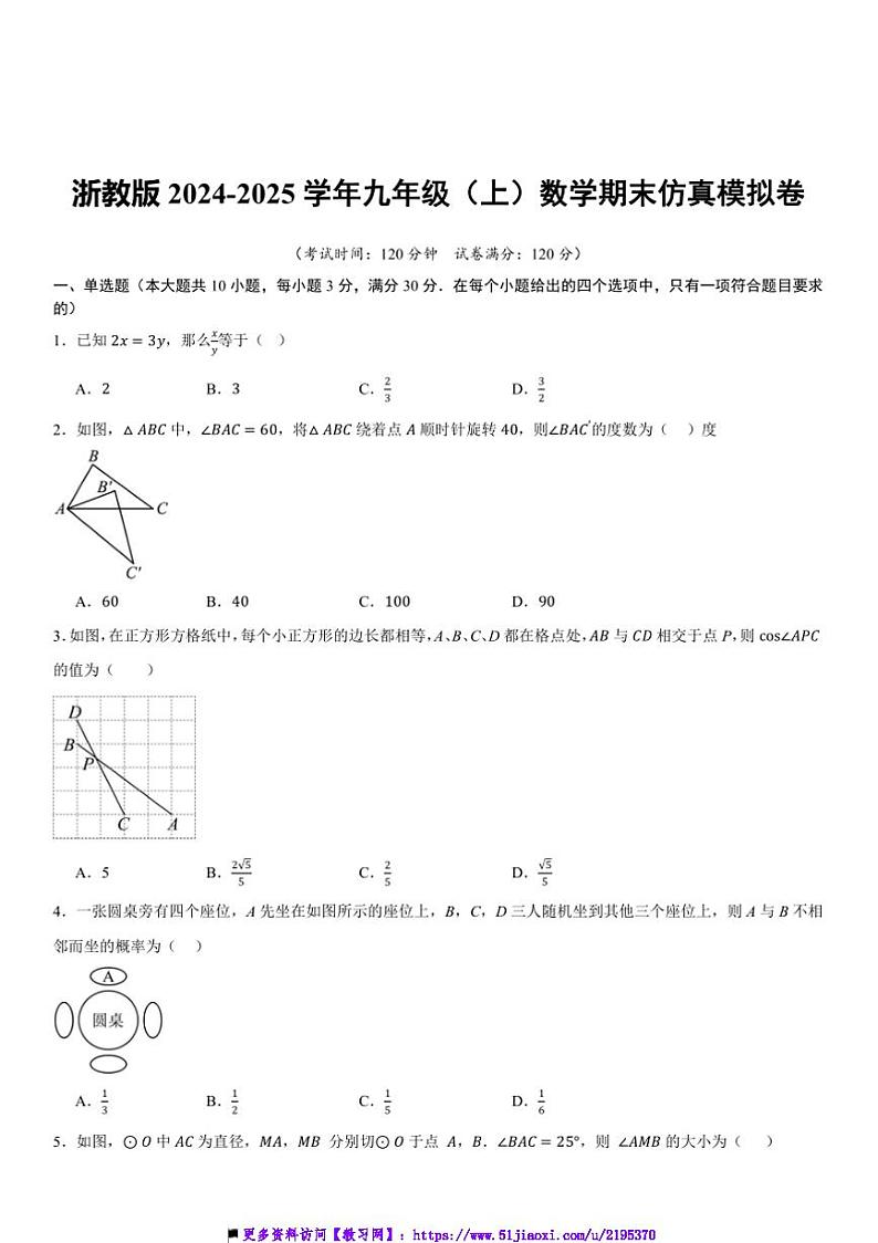 2024～2025学年浙教版九年级(上)试卷数学期末仿真模拟卷原卷+解析卷第1页