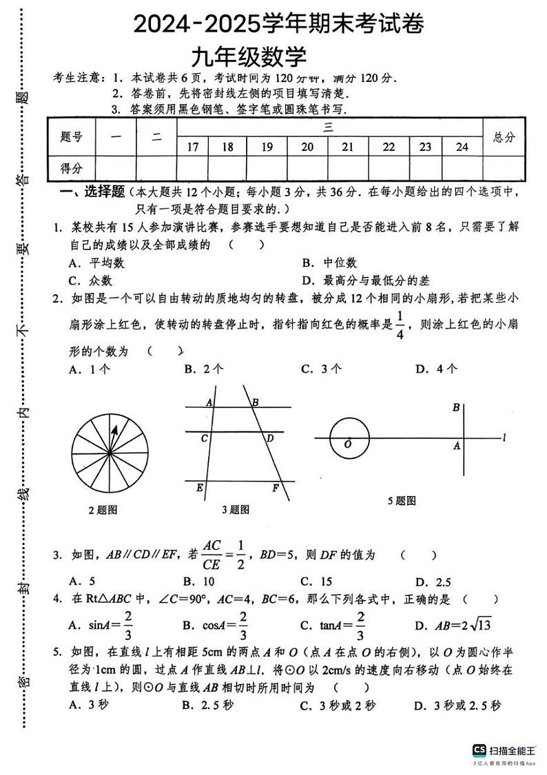 唐山市54中学2024-2025学年第一学期九年级上册数学期末试卷（含答案） 唐山市54中学2024-2025学年第一学期九年级上册数学期末试卷第1页