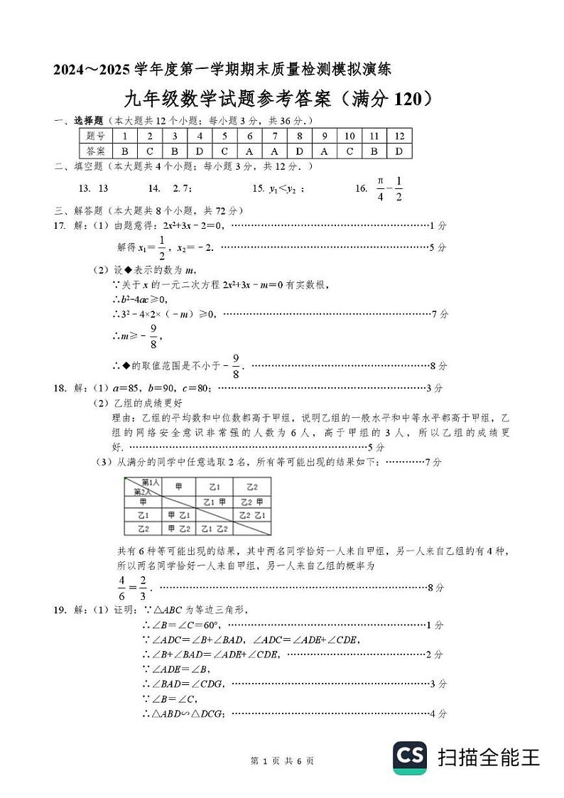 唐山市54中学2024-2025学年第一学期九年级上册数学期末试卷（含答案） 九年级数学期末答案第1页