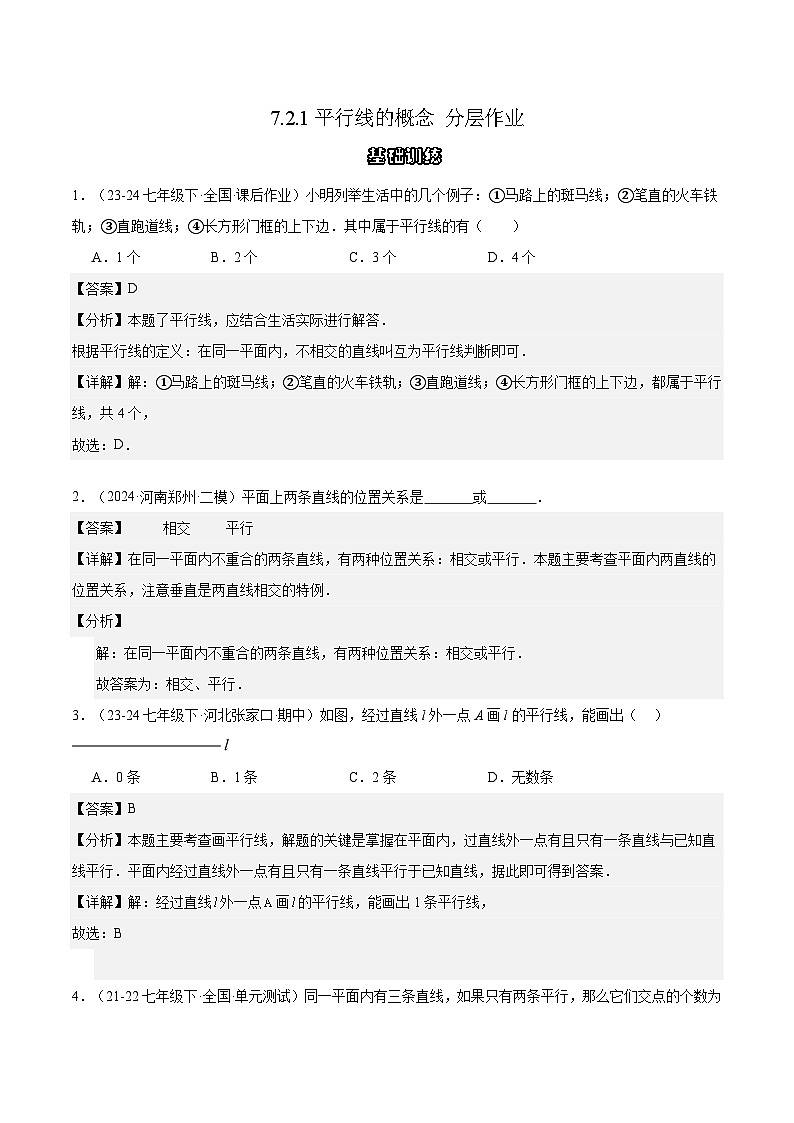 7.2.1平行线的概念（分层作业）（解析版）第1页