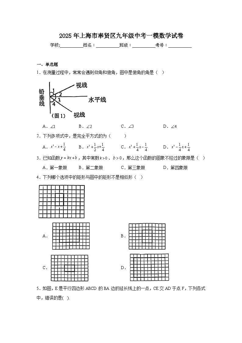 2025年上海市奉贤区九年级中考一模数学试卷第1页