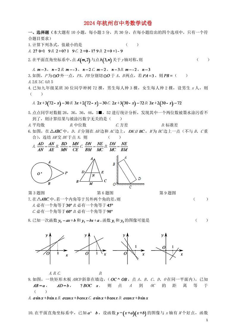 浙江省杭州市2024年中考数学水平提升模拟试题第1页