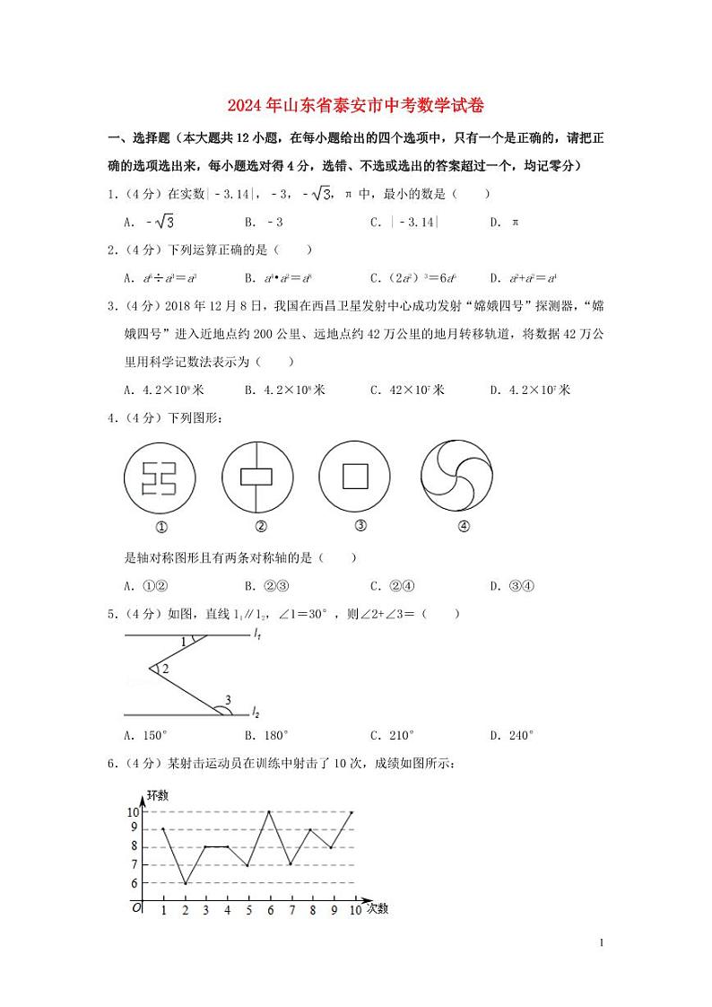山东省泰安市2024年中考数学水平提升模拟试题（含解析）第1页