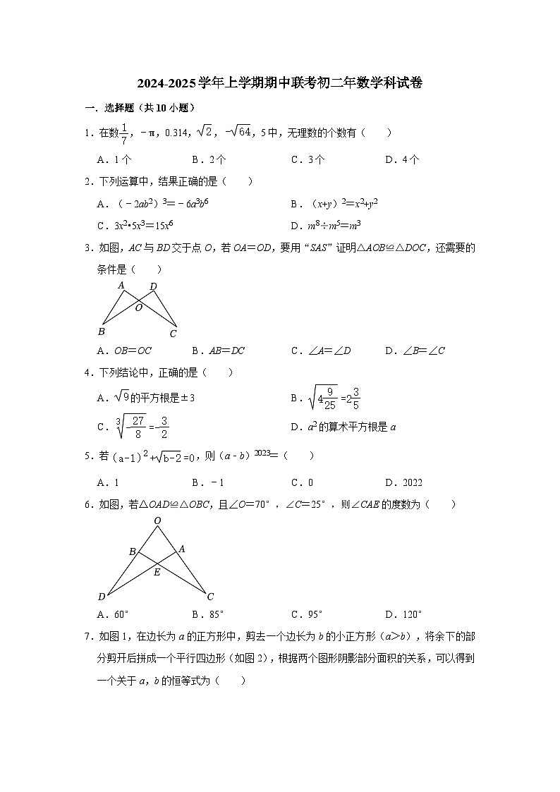 福建省泉州市泉州实验中学2024-2025学年上学期期中联考八年级数学科试卷第1页