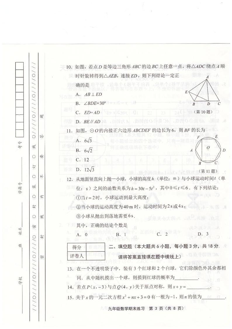 +天津市武清区2024-2025学年九年级上学期1月期末数学试题第3页