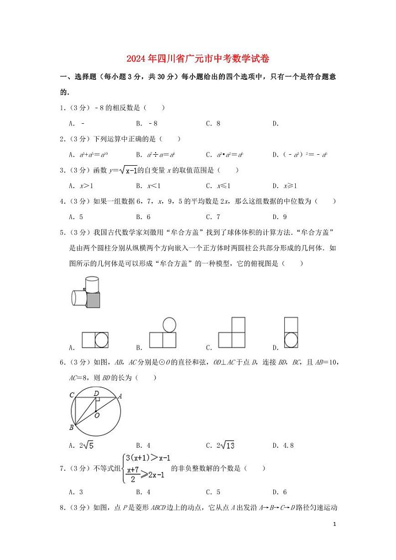 四川省广元市2024年中考数学模拟试题（含解析）第1页