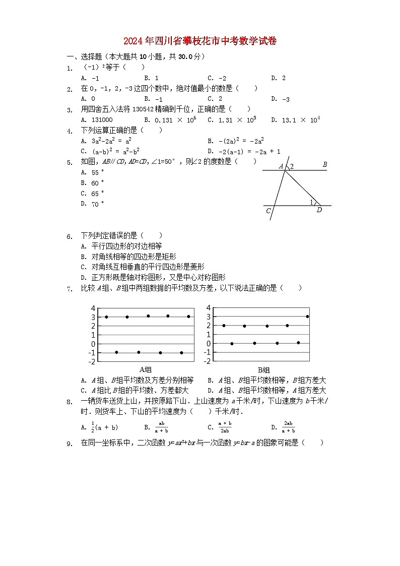 四川省攀枝花市2024年中考数学模拟试题（含解析）第1页