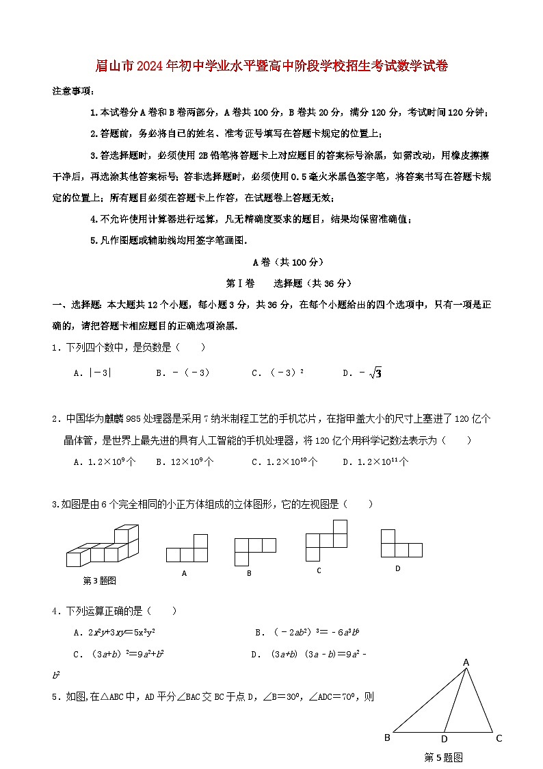 四川省眉山市2024年中考数学模拟试题第1页