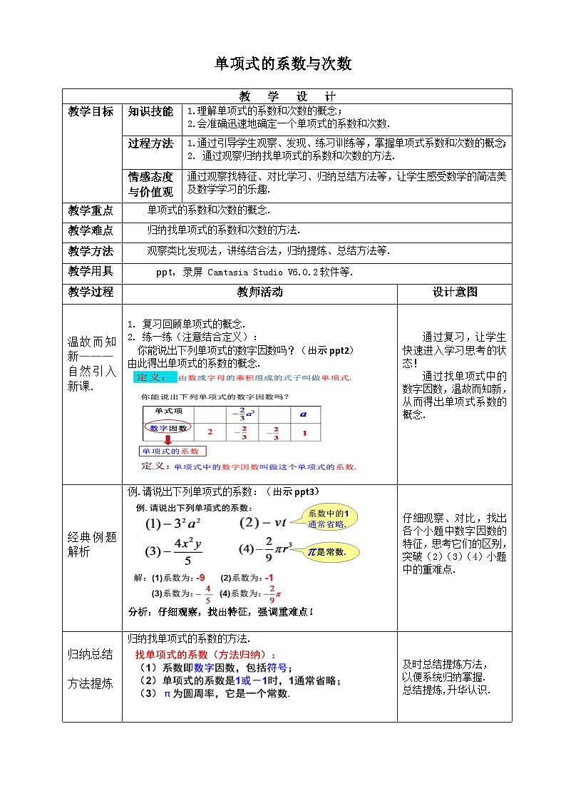 初中数学人教版七年级上册 4.1单项式的系数与次数教学设计（表格式）第1页