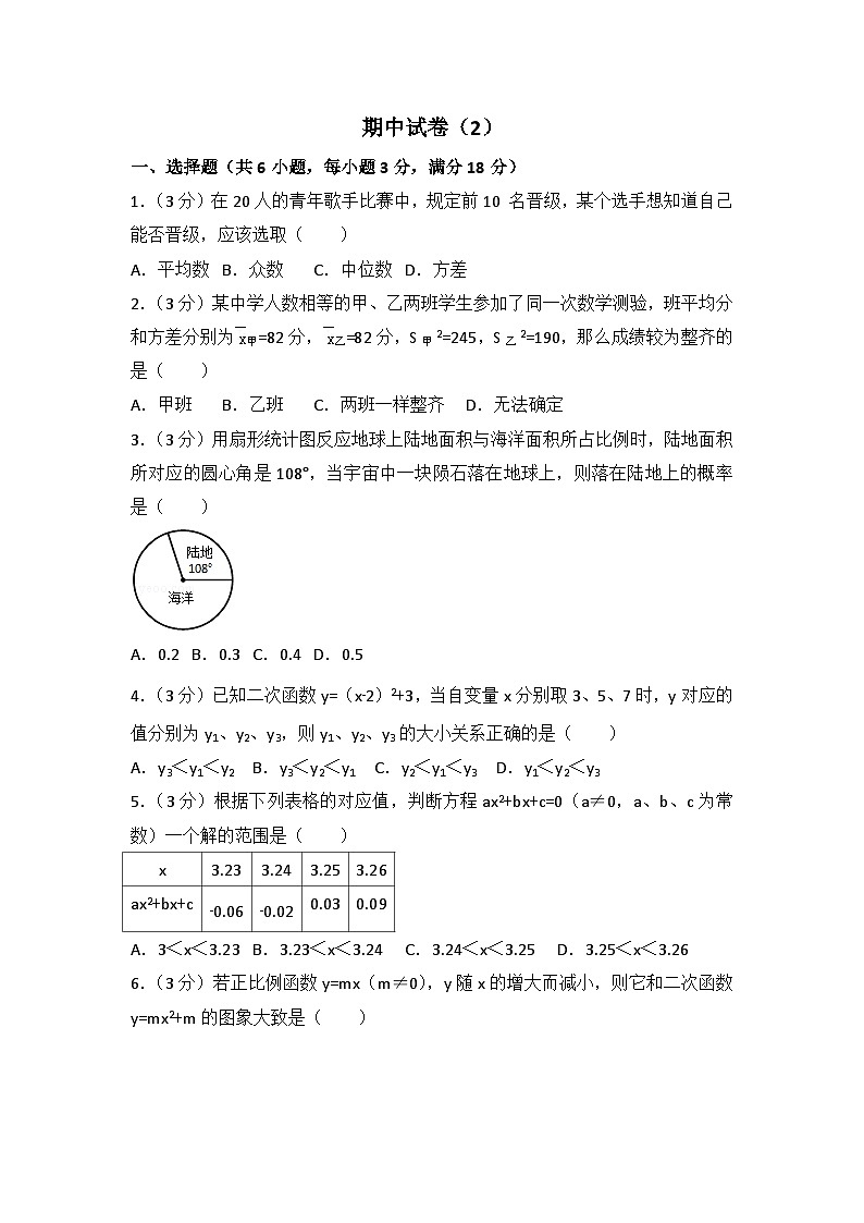 人教部编版数学九年级上册期中测试卷2（Word版，附答案）第1页