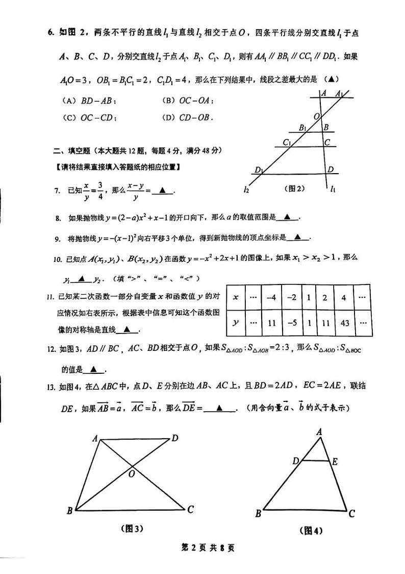 2025届上海市嘉定区初三一模数学试卷第2页