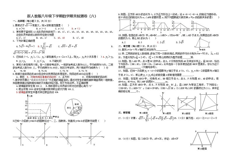 人教版数学八年级下册 期末检测卷 （含答案）第1页