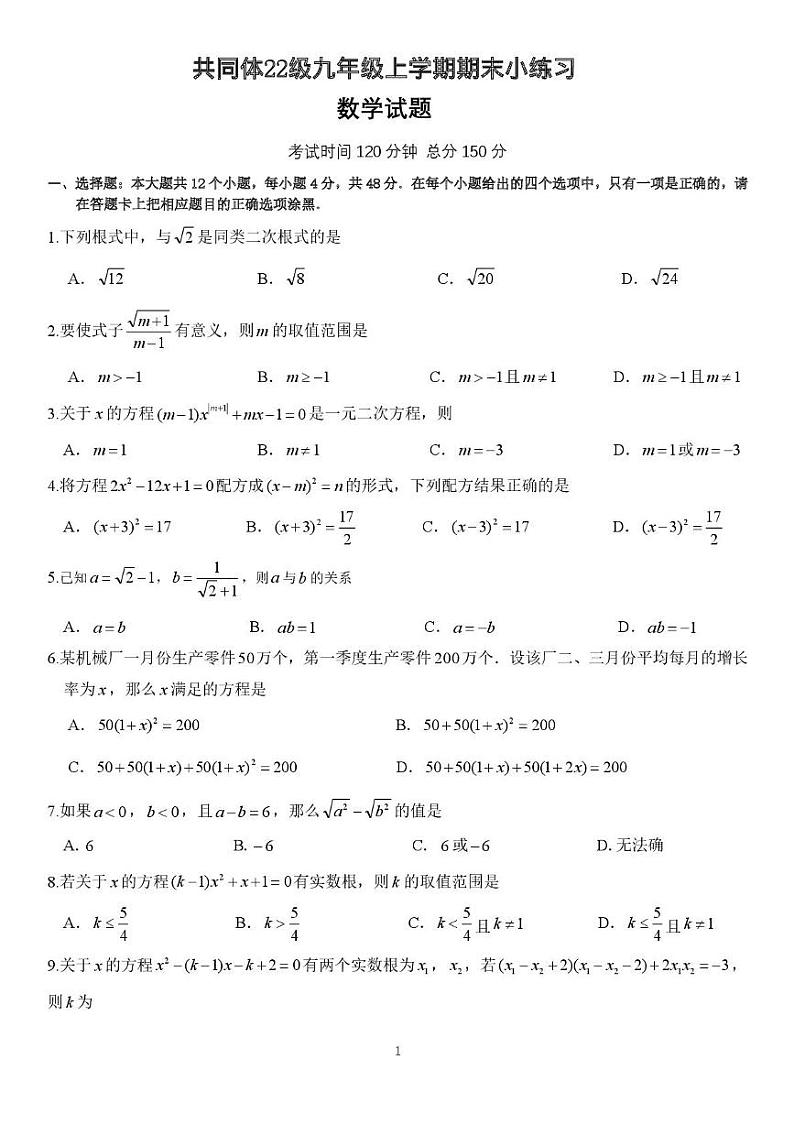四川省眉山市东坡区苏祠共同体 2024-2025学年九年级上学期12月期末数学试题第1页