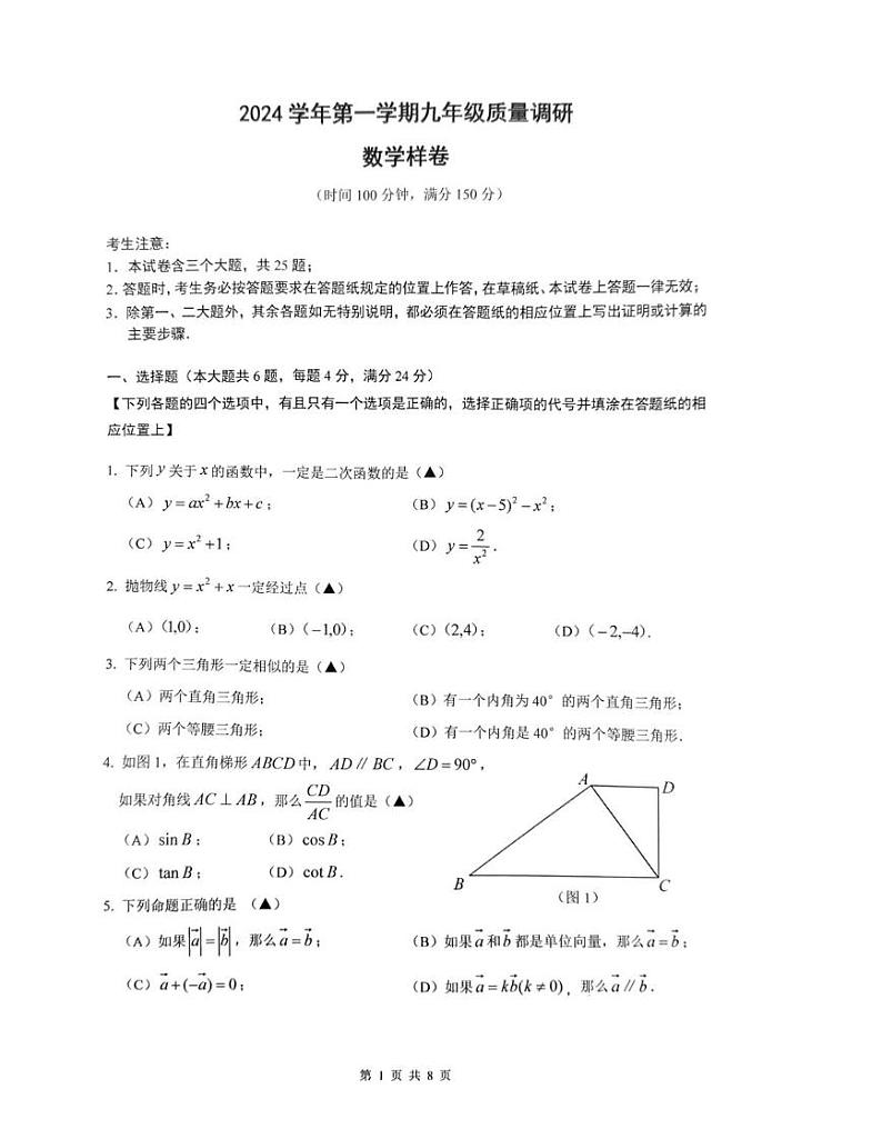 上海市嘉定区2024-2025学年九年级上学期期末（一模）数学试题第1页