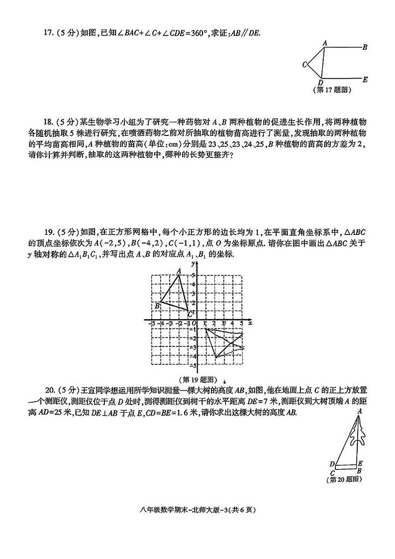 陕西省榆林市横山区2024-2025学年八年级上学期期末试卷数学试题第3页