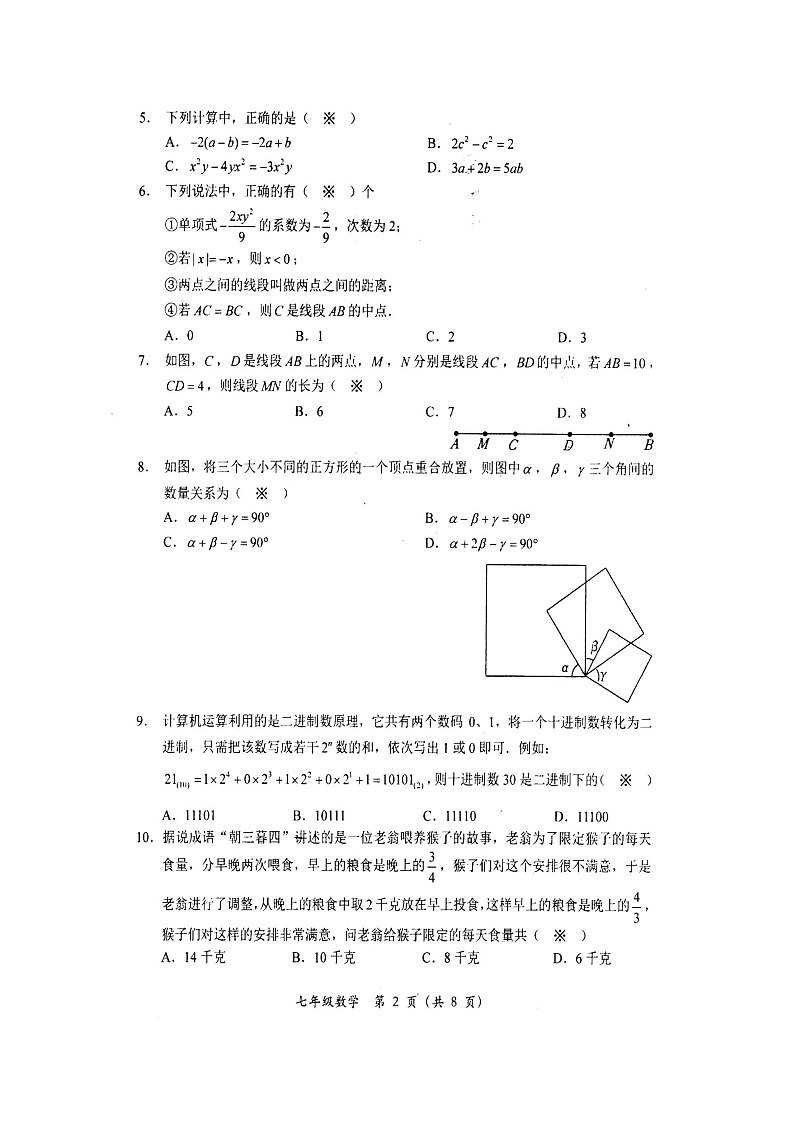 四川省德阳市旌阳区2024-2025学年七年级上学期期末考试数学试题第2页