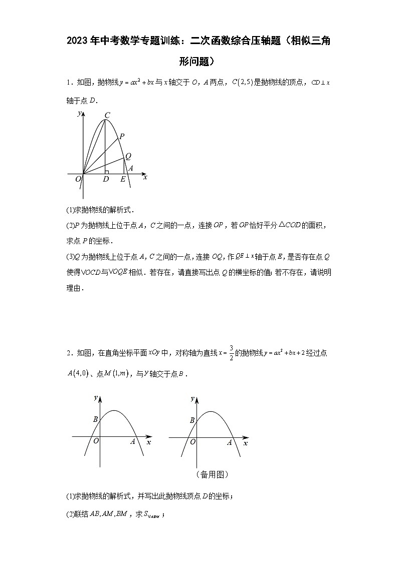 中考数学专题训练：二次函数综合压轴题（相似三角形问题）（含简单答案）第1页