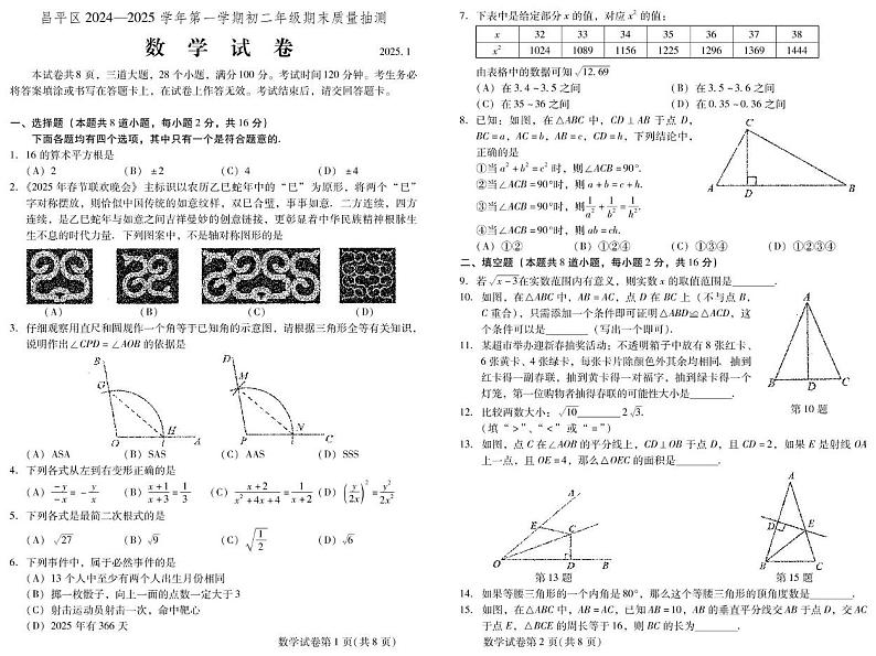 北京市昌平区2024-2025学年上学期八年级数学期末质量测试卷第1页