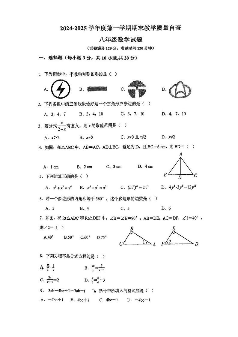 广东省东莞市松山湖莞美学校2024-2025学年上学期八年级数学期末教学质量检测第1页